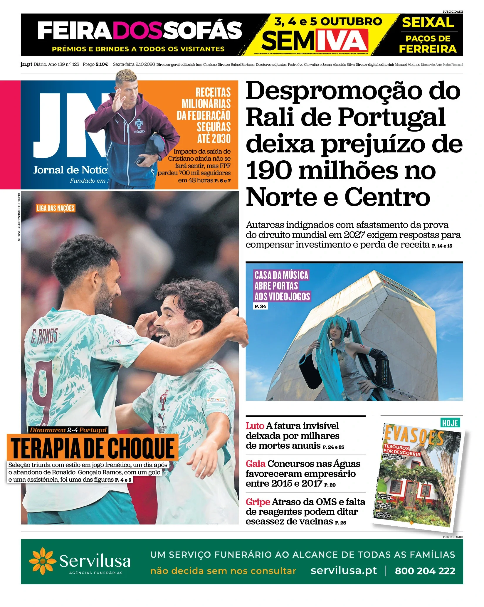 Capa do Jornal de Notícias de sexta-feira, 2 de outubro de 2026