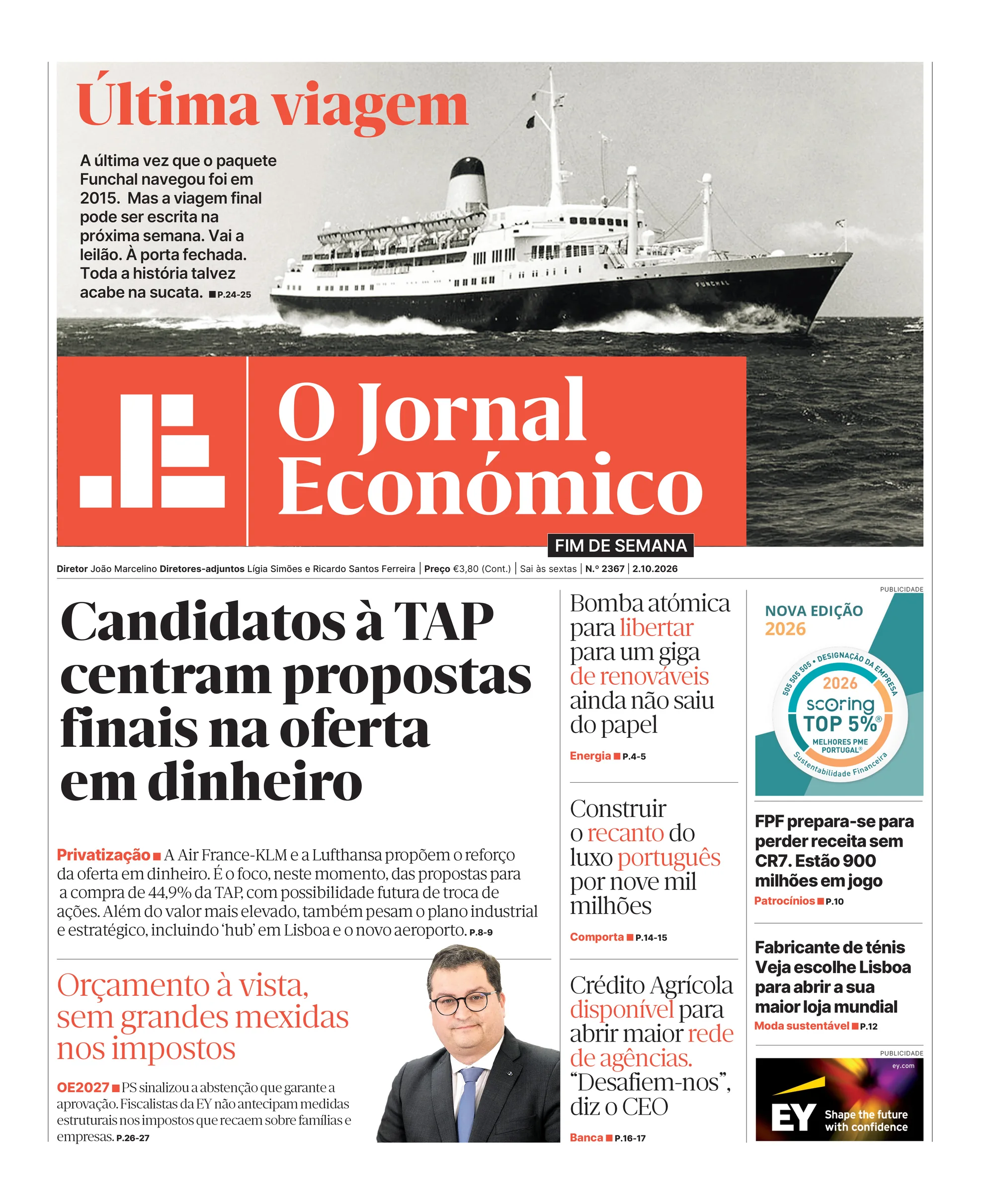 Capa do Jornal Económico de sexta-feira, 2 de outubro de 2026