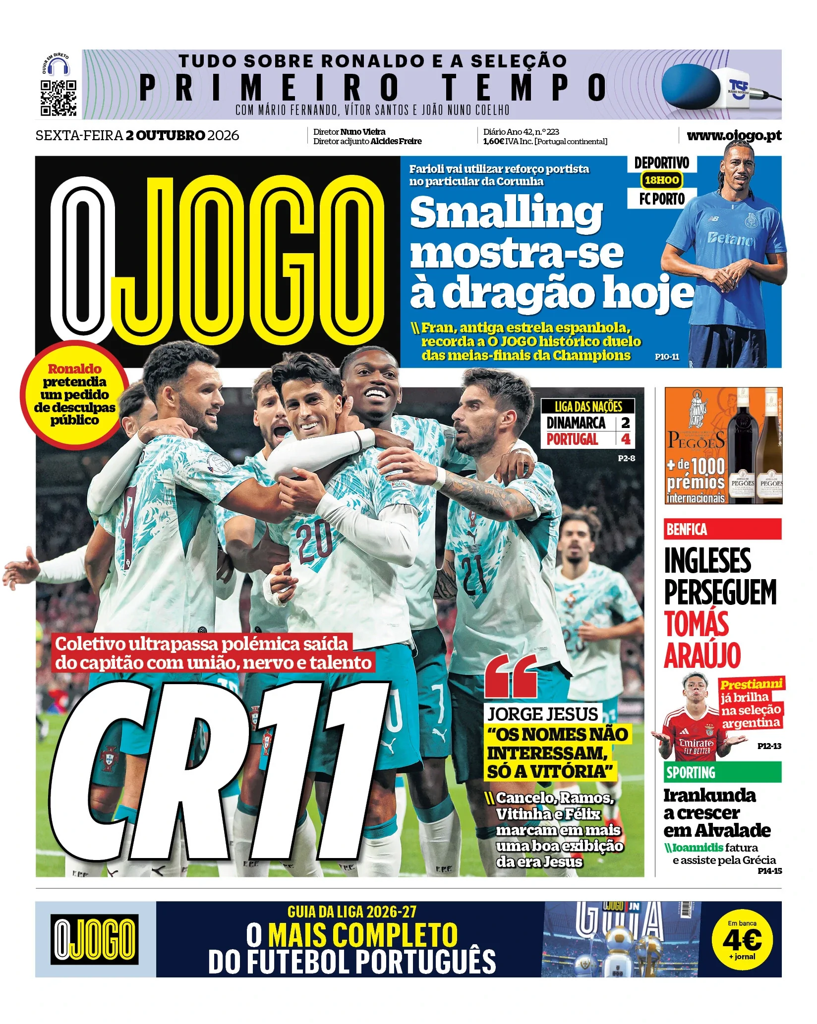 Capa do O Jogo de sexta-feira, 2 de outubro de 2026