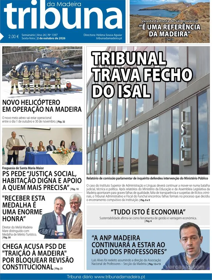 Capa do Tribuna da Madeira de sexta-feira, 2 de outubro de 2026