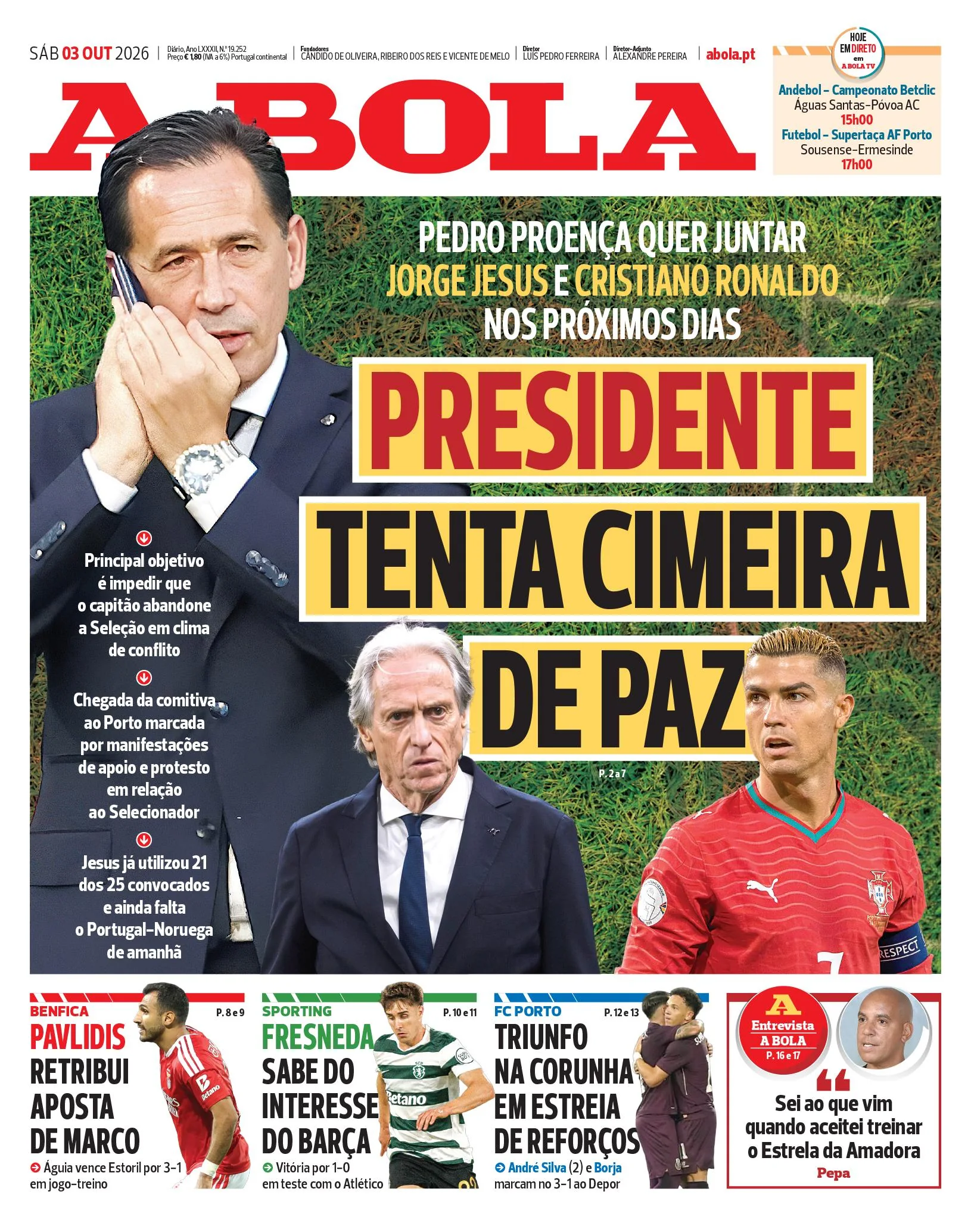 Capa do A Bola de sábado, 3 de outubro de 2026