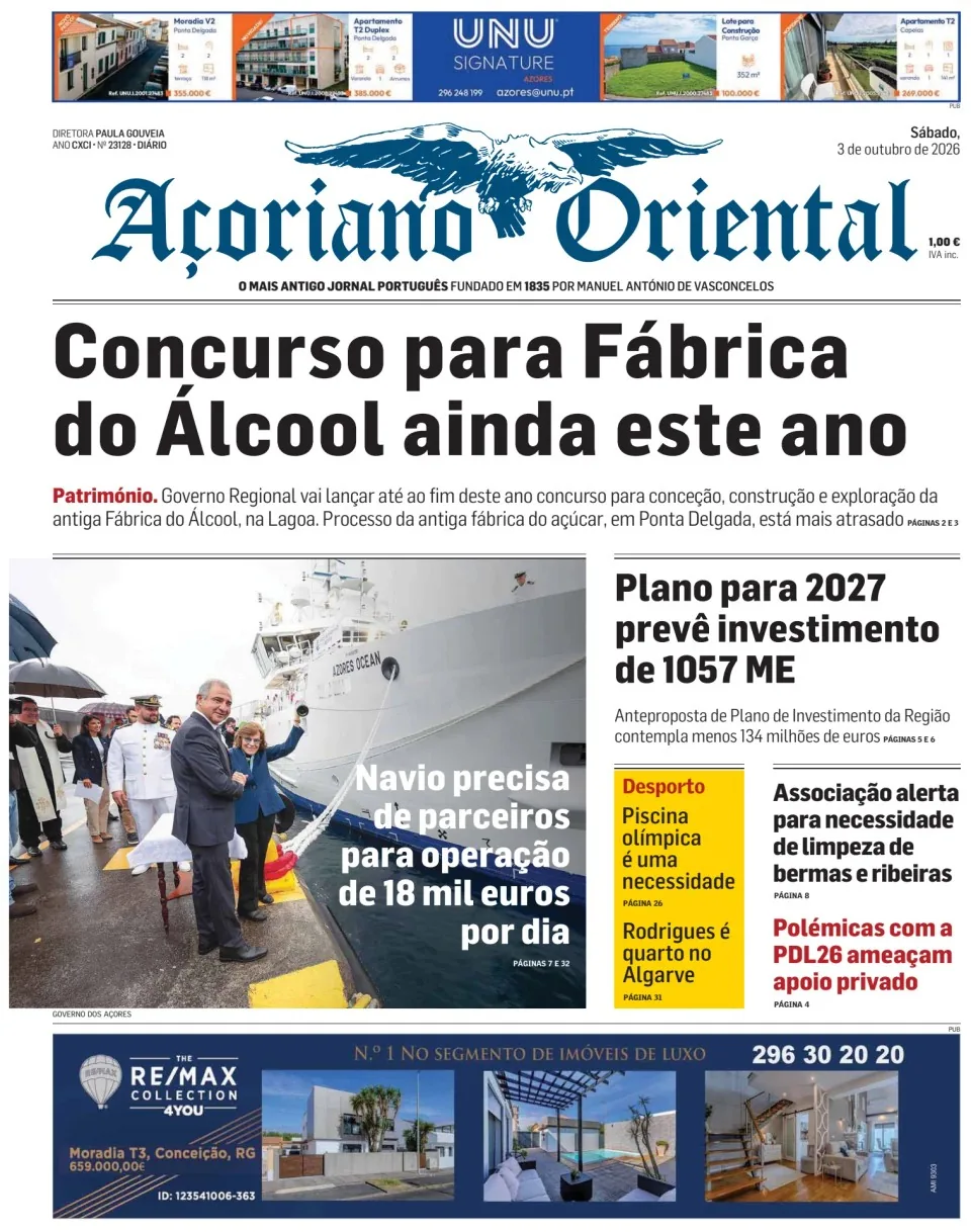 Capa do Açoriano Oriental de sábado, 3 de outubro de 2026