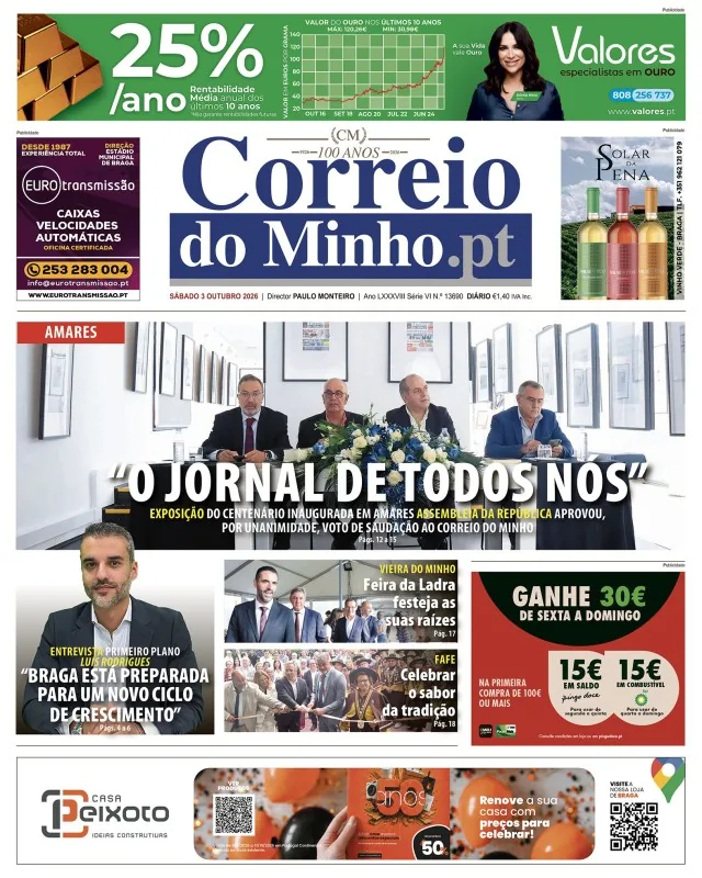 Capa do Correio do Minho de sábado, 3 de outubro de 2026