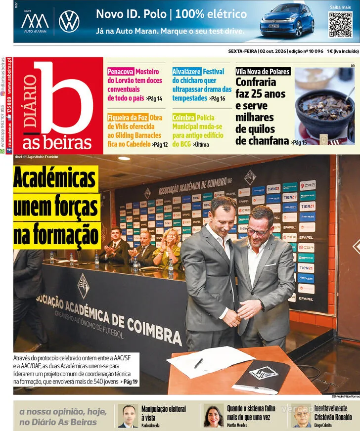 Capa do Diário As Beiras de sábado, 3 de outubro de 2026