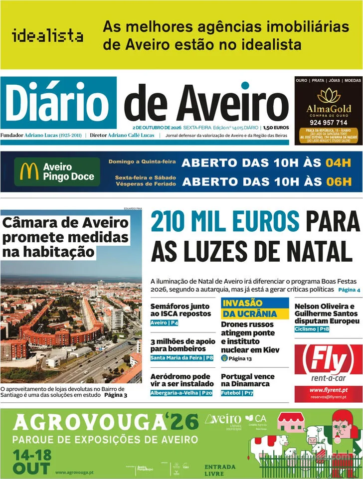Capa do Diário de Aveiro de sábado, 3 de outubro de 2026