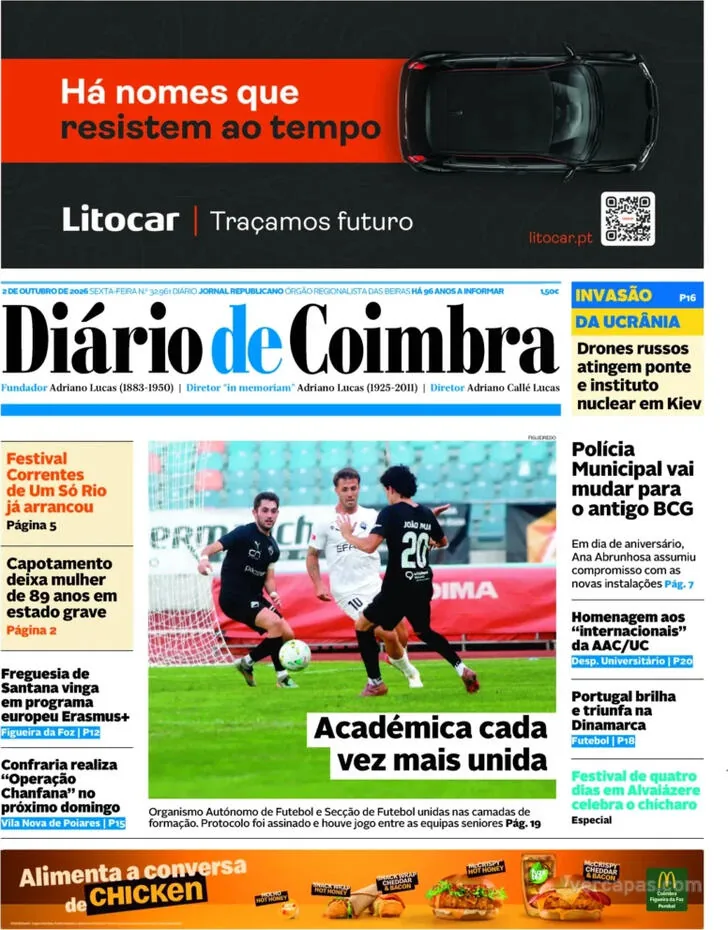 Capa do Diário de Coimbra de sábado, 3 de outubro de 2026