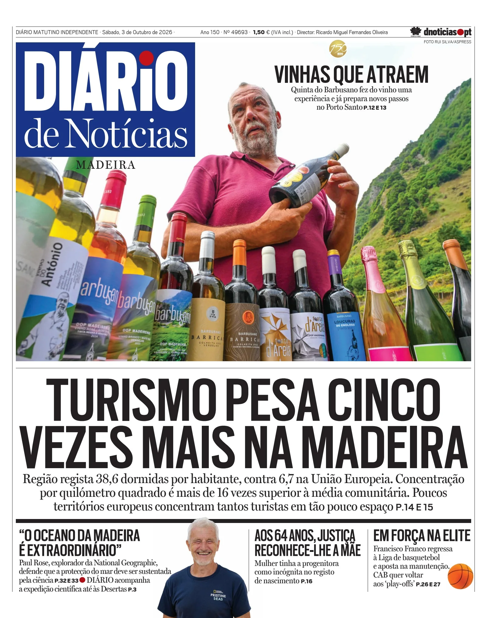 Capa do Diário de Notícias da Madeira de sábado, 3 de outubro de 2026