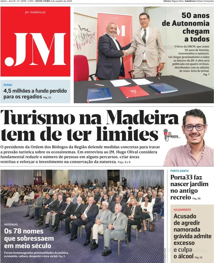 Capa do Jornal da Madeira de sábado, 3 de outubro de 2026
