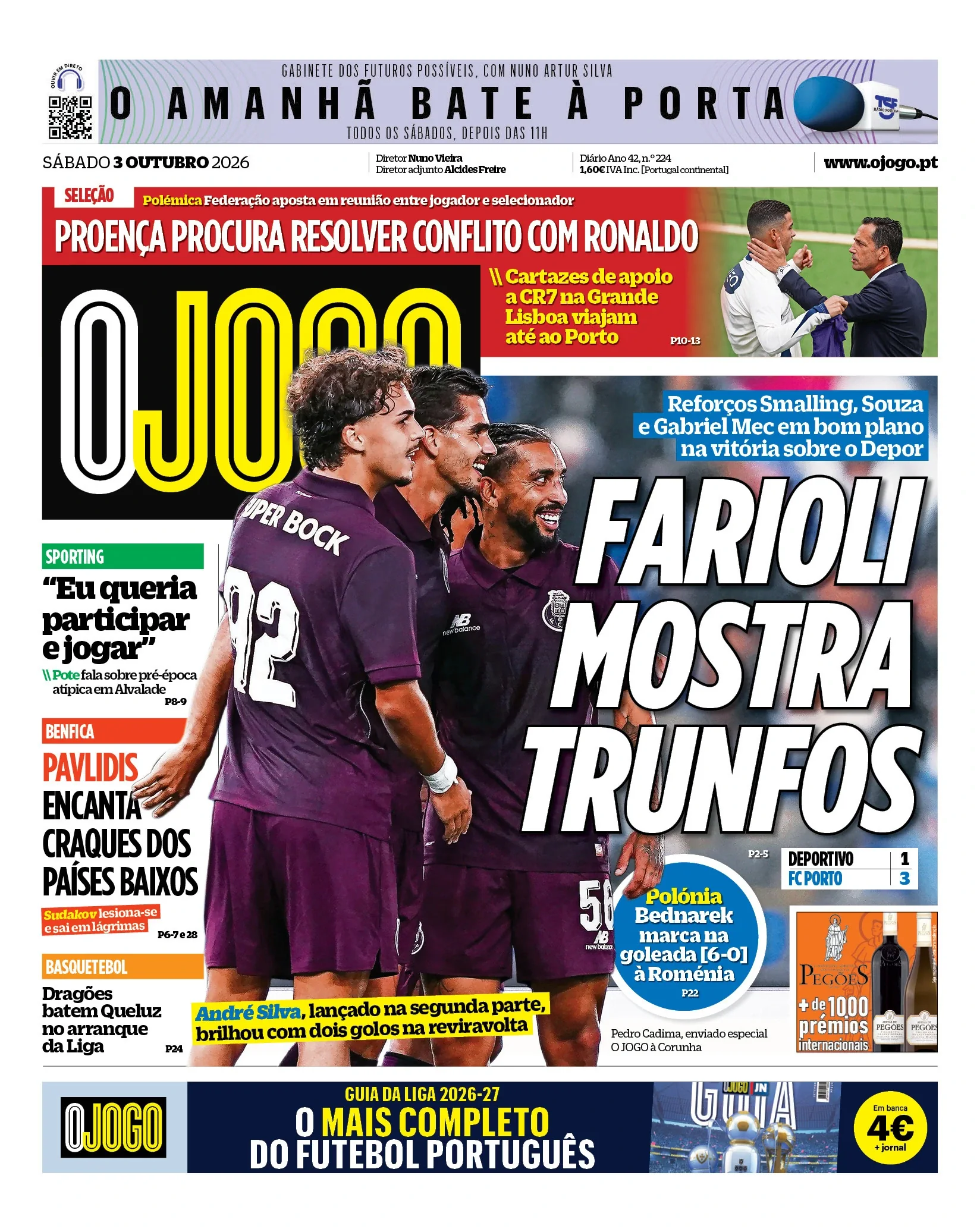 Capa do O Jogo de sábado, 3 de outubro de 2026