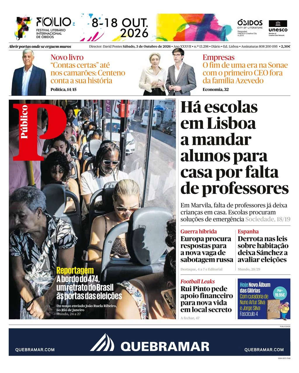 Capa do Público de sábado, 3 de outubro de 2026