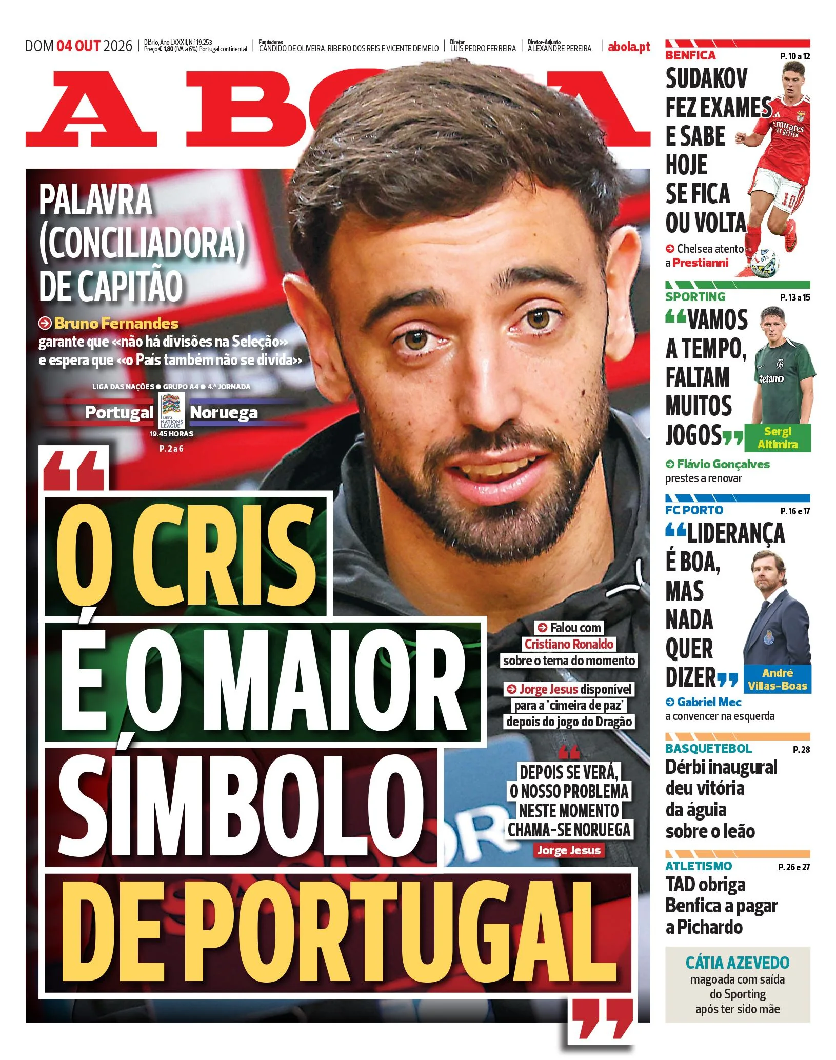 Capa do A Bola de domingo, 4 de outubro de 2026