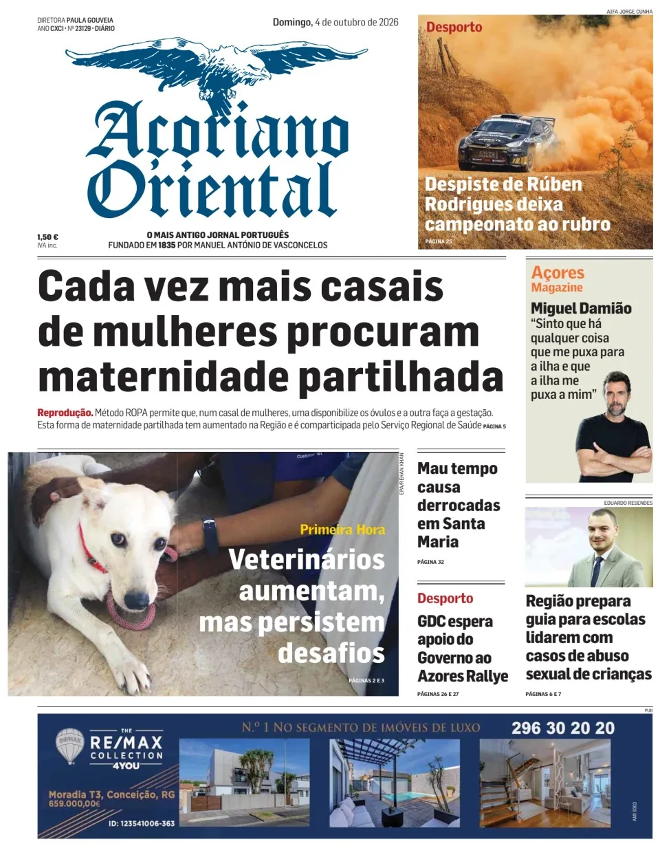 Capa do Açoriano Oriental de domingo, 4 de outubro de 2026
