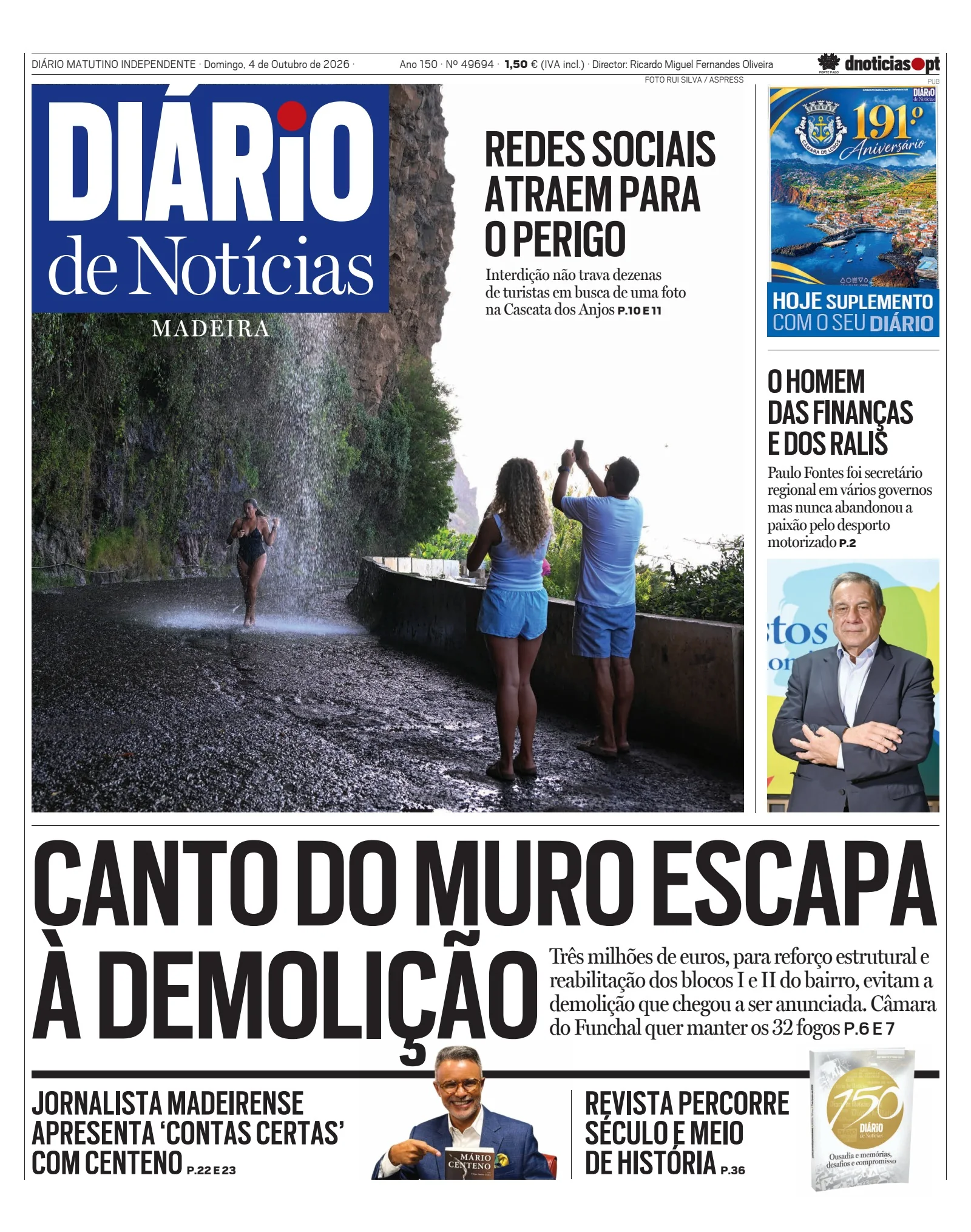 Capa do Diário de Notícias da Madeira de domingo, 4 de outubro de 2026