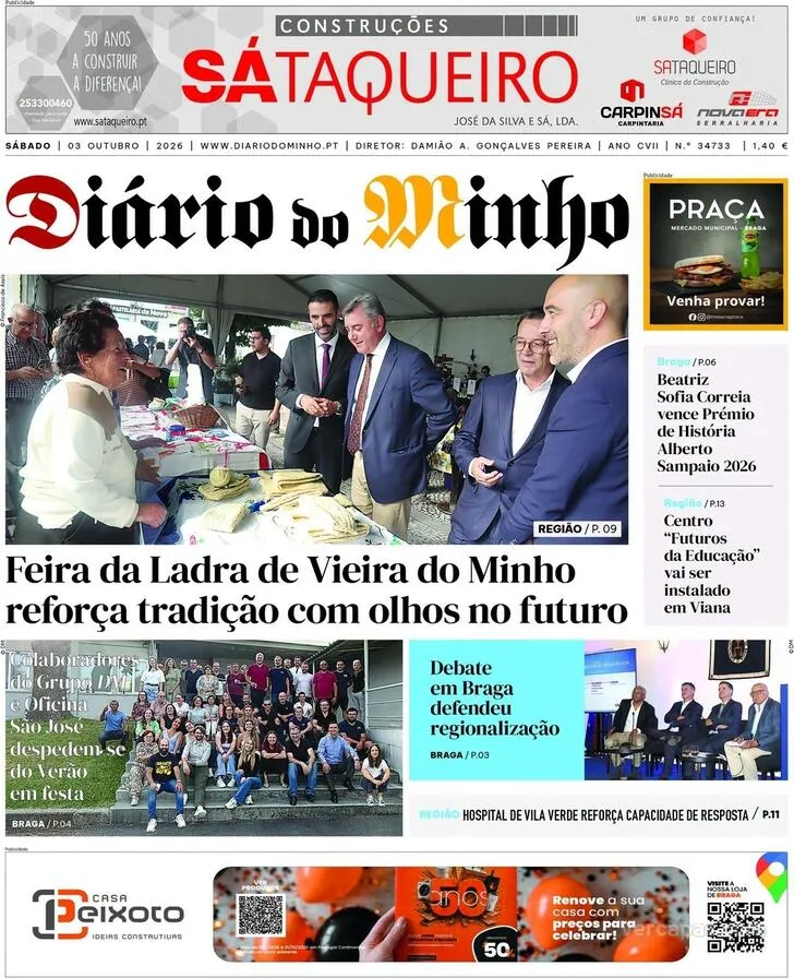 Capa do Diário do Minho de domingo, 4 de outubro de 2026