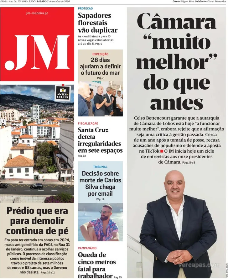 Capa do Jornal da Madeira de domingo, 4 de outubro de 2026