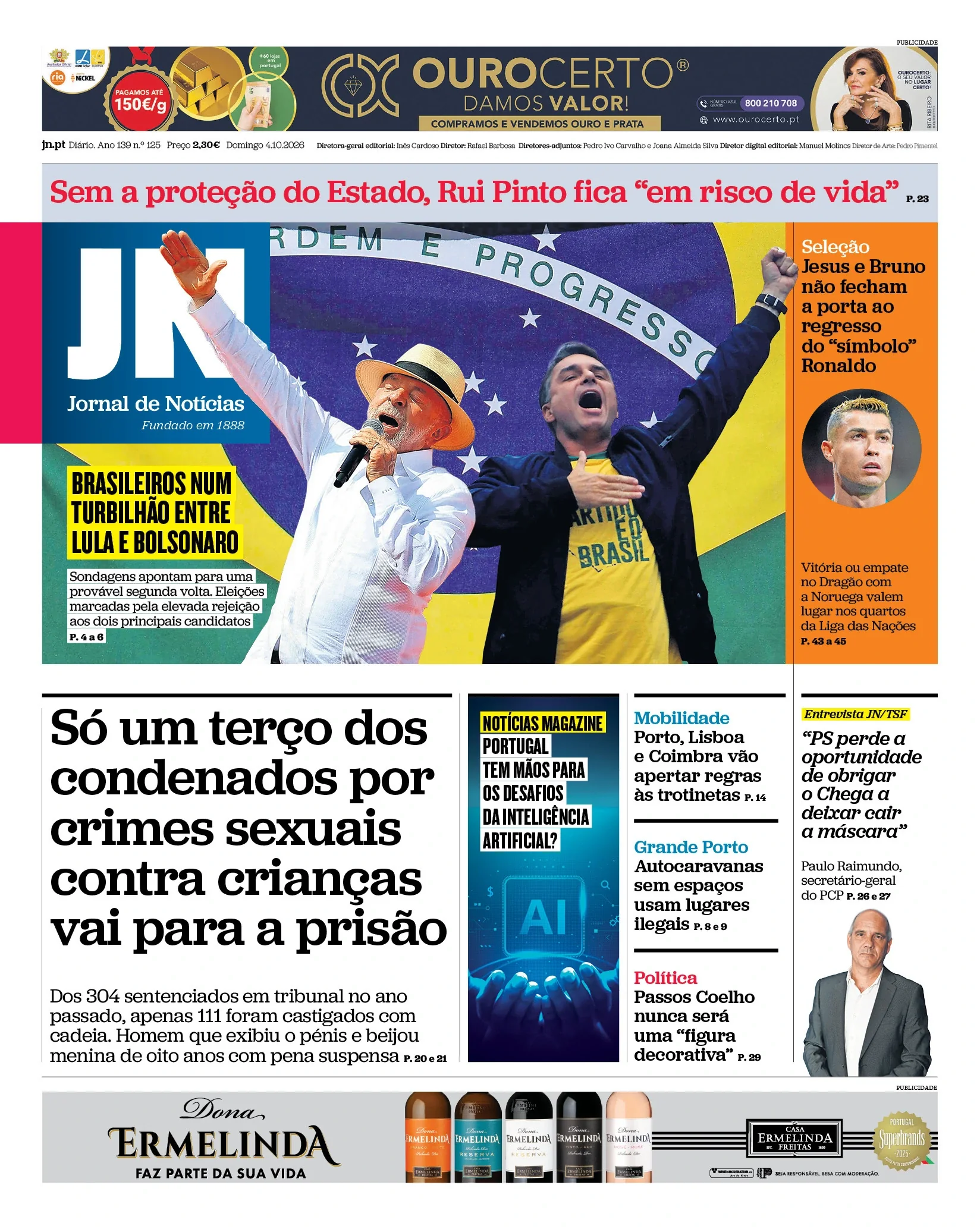Capa do Jornal de Notícias de domingo, 4 de outubro de 2026
