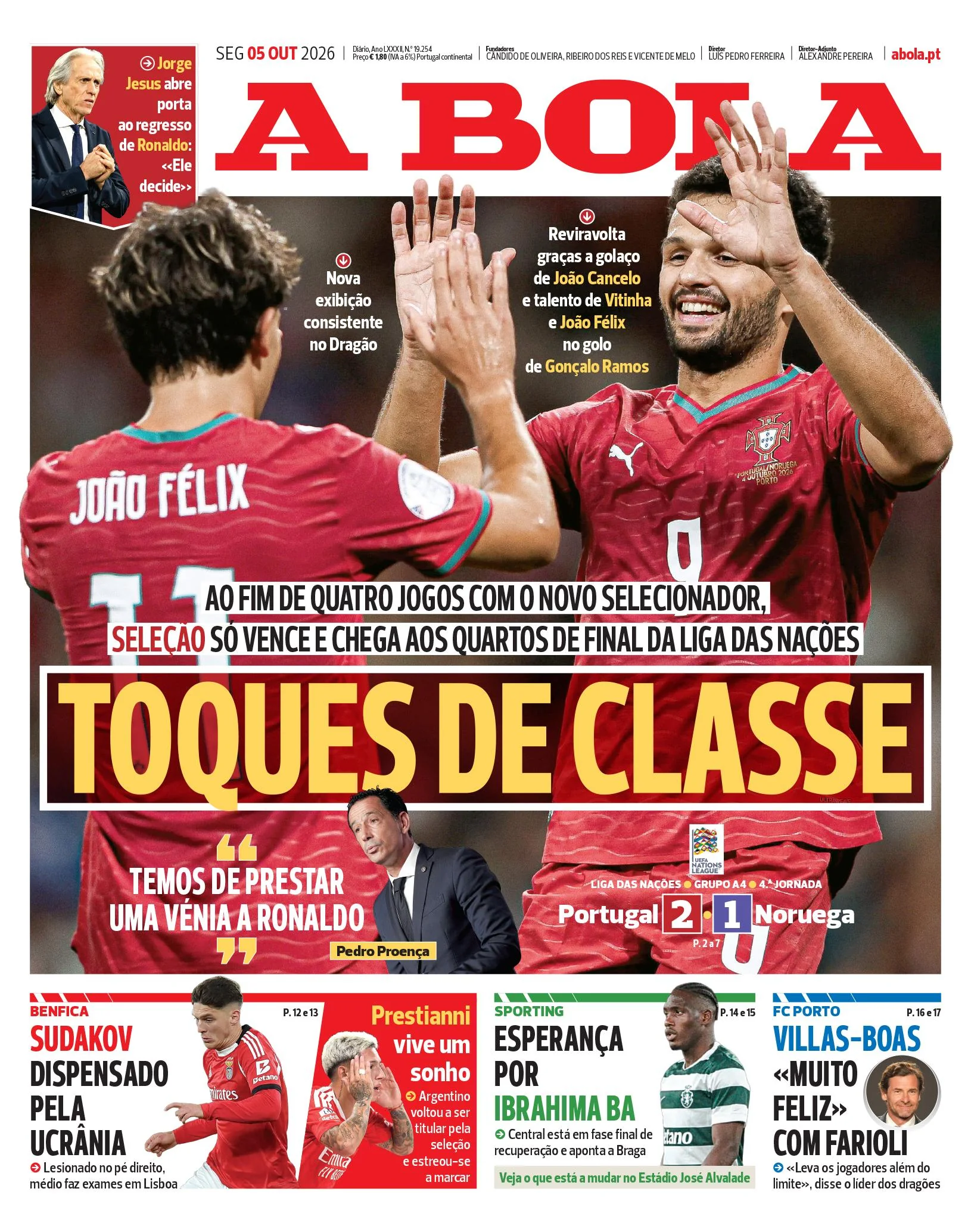 Capa do A Bola de segunda-feira, 5 de outubro de 2026