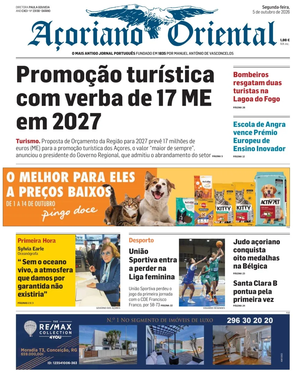 Capa do Açoriano Oriental de segunda-feira, 5 de outubro de 2026