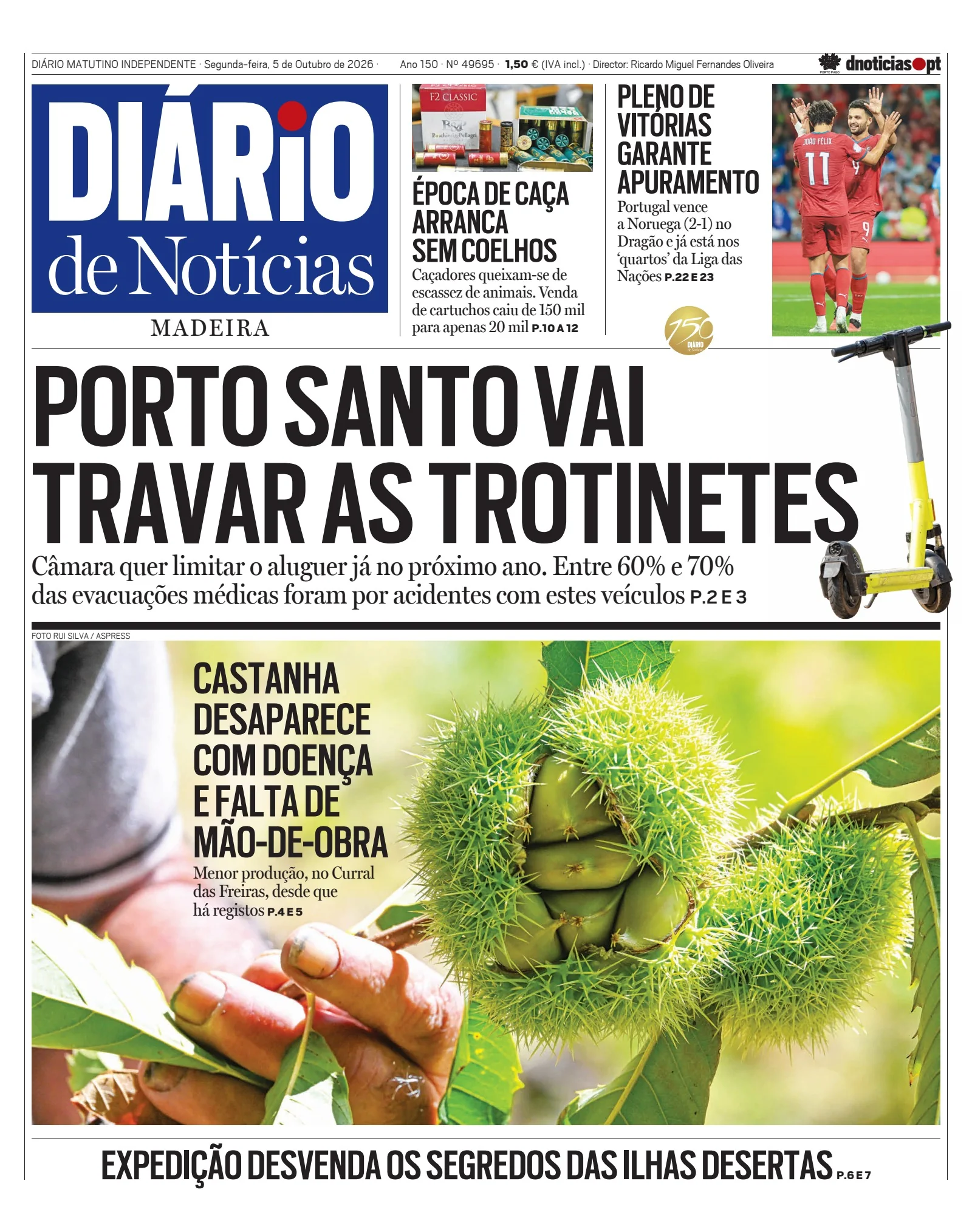 Capa do Diário de Notícias da Madeira de segunda-feira, 5 de outubro de 2026