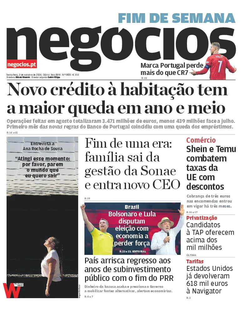 Capa do Jornal de Negócios de segunda-feira, 5 de outubro de 2026