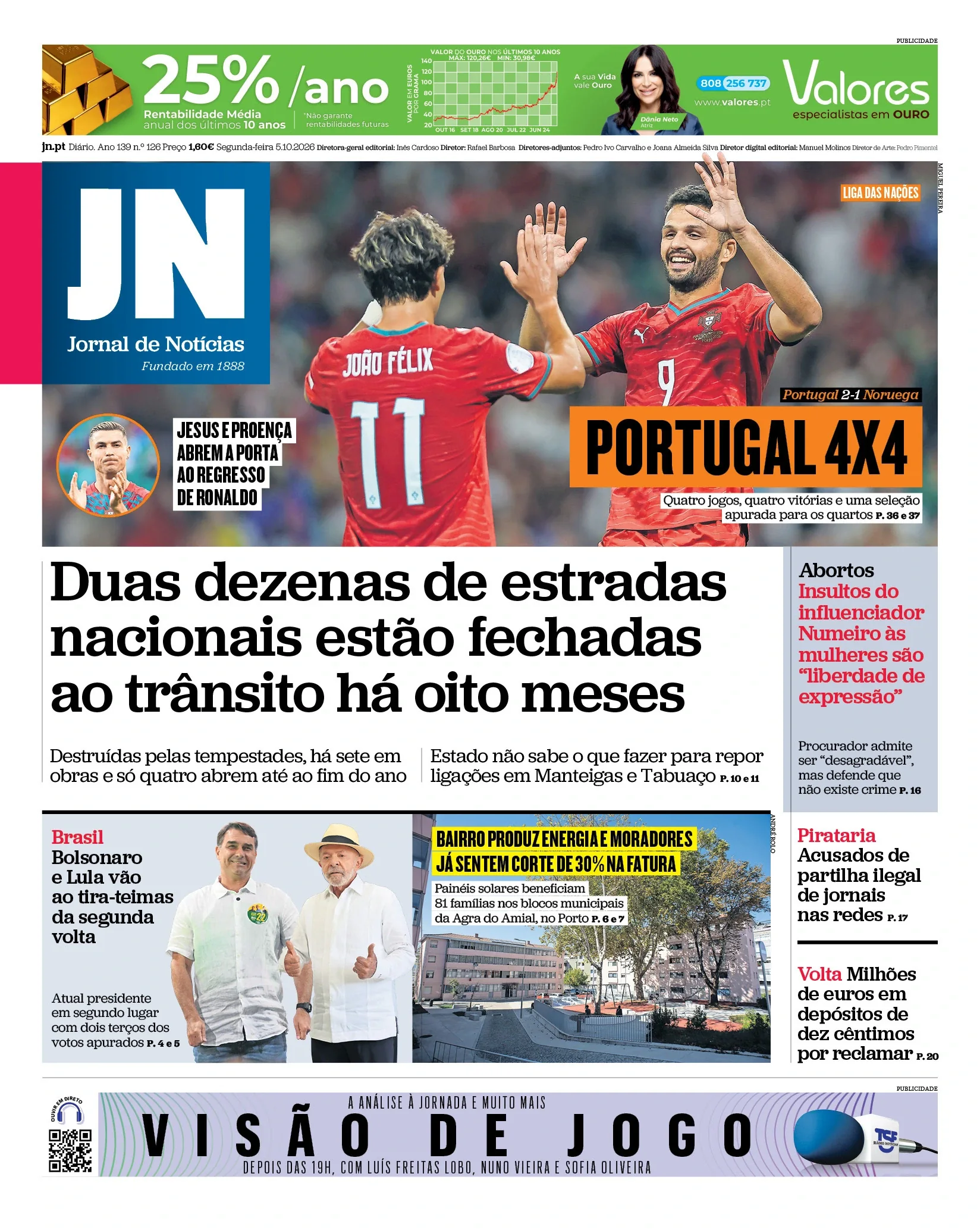 Capa do Jornal de Notícias de segunda-feira, 5 de outubro de 2026