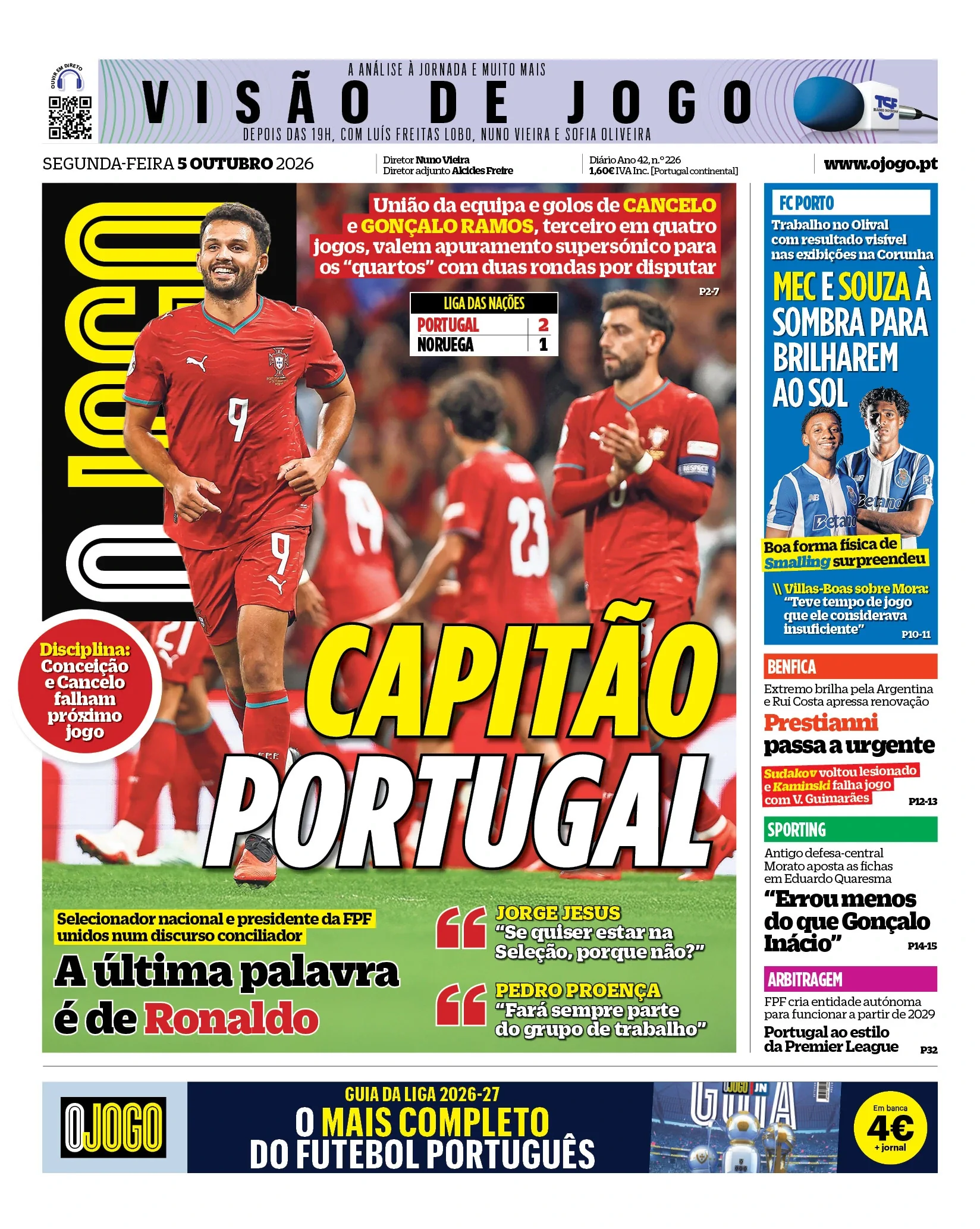 Capa do O Jogo de segunda-feira, 5 de outubro de 2026