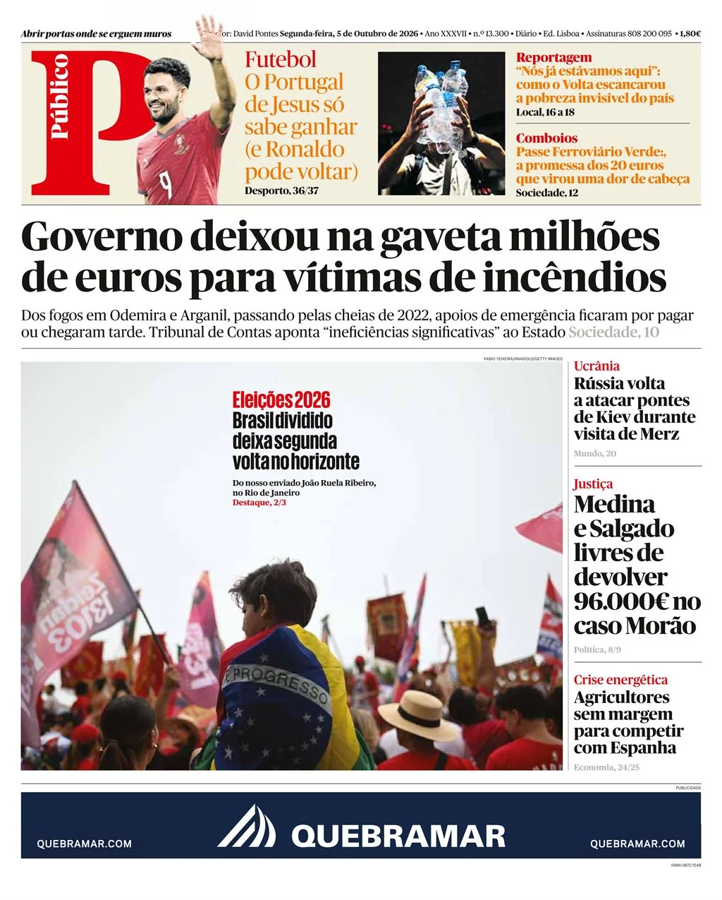 Capa do Público de segunda-feira, 5 de outubro de 2026