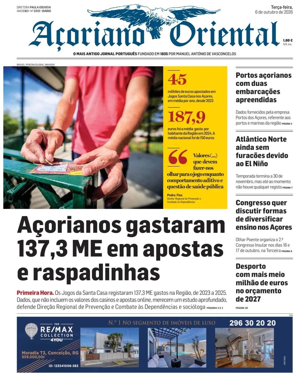 Capa do Açoriano Oriental de terça-feira, 6 de outubro de 2026