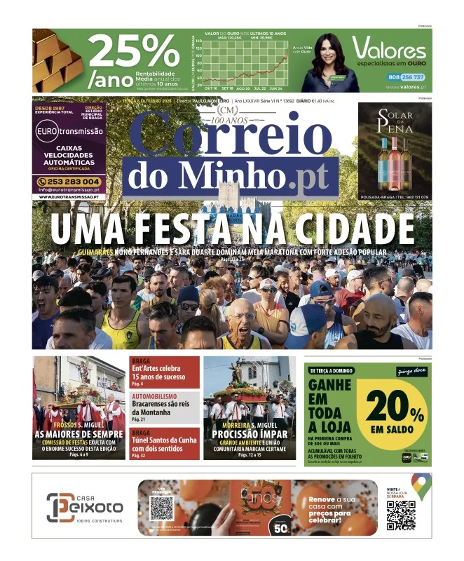 Capa do Correio do Minho de terça-feira, 6 de outubro de 2026