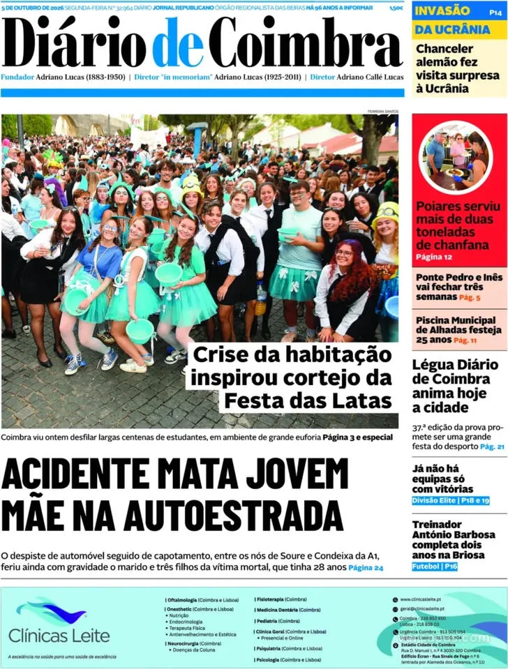 Capa do Diário de Coimbra de terça-feira, 6 de outubro de 2026