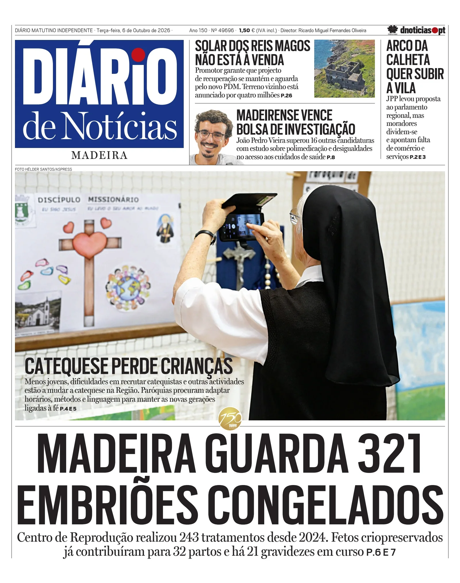 Capa do Diário de Notícias da Madeira de terça-feira, 6 de outubro de 2026