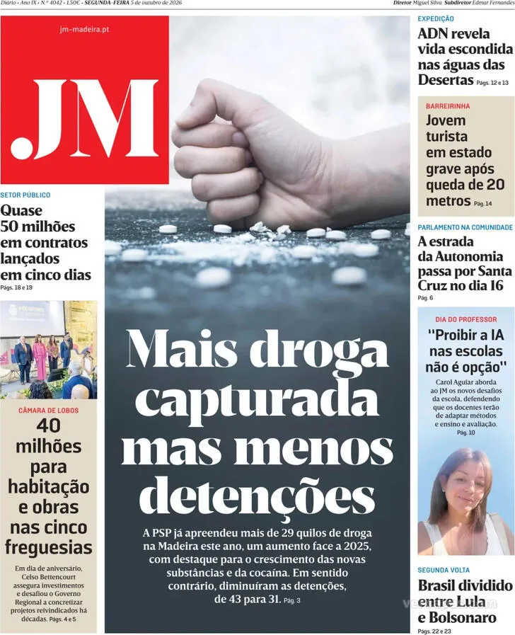 Capa do Jornal da Madeira de terça-feira, 6 de outubro de 2026