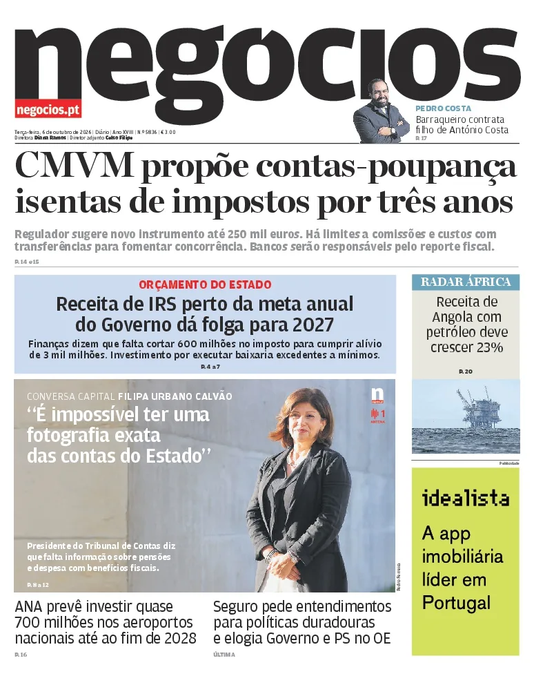 Capa do Jornal de Negócios de terça-feira, 6 de outubro de 2026