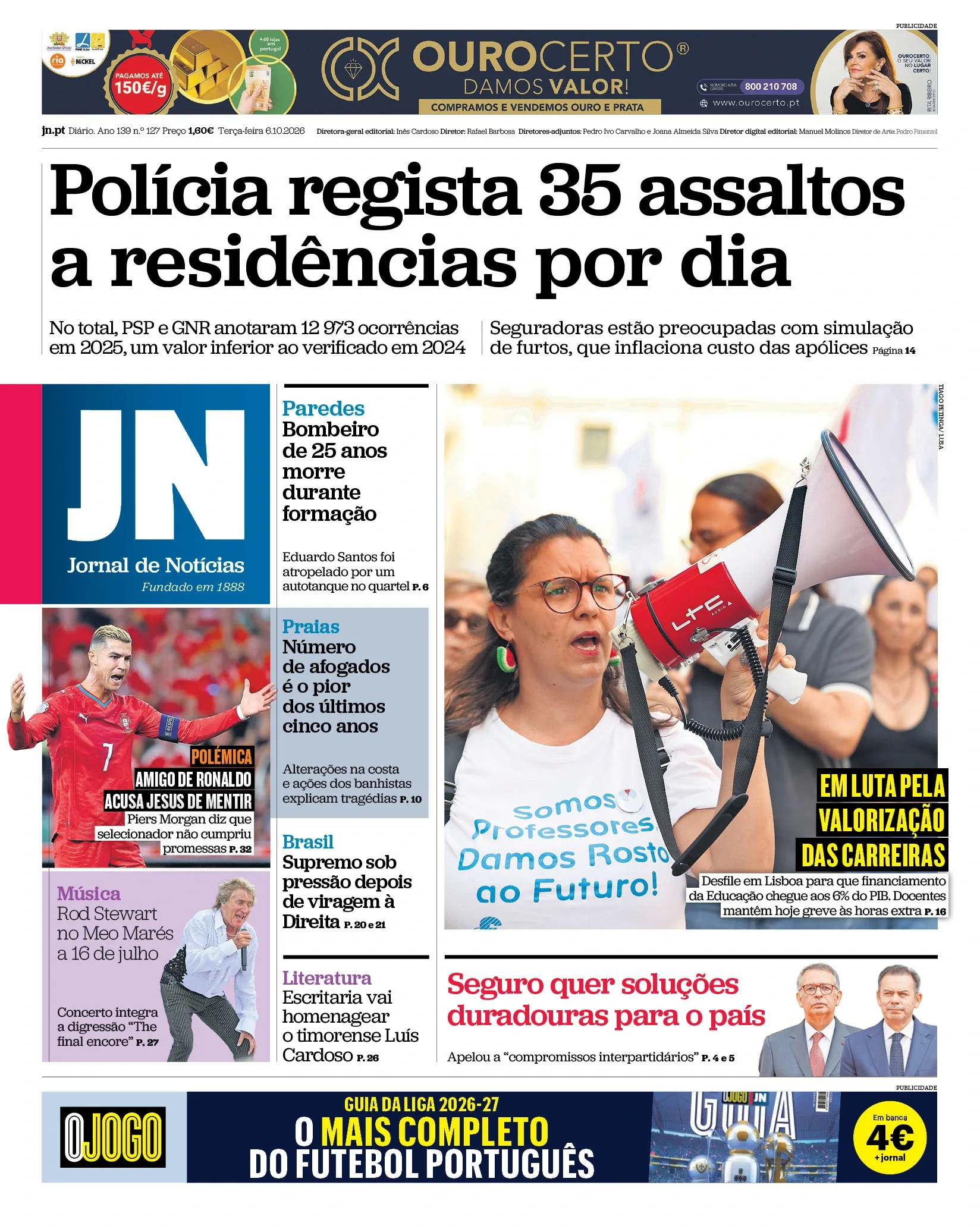 Capa do Jornal de Notícias de terça-feira, 6 de outubro de 2026