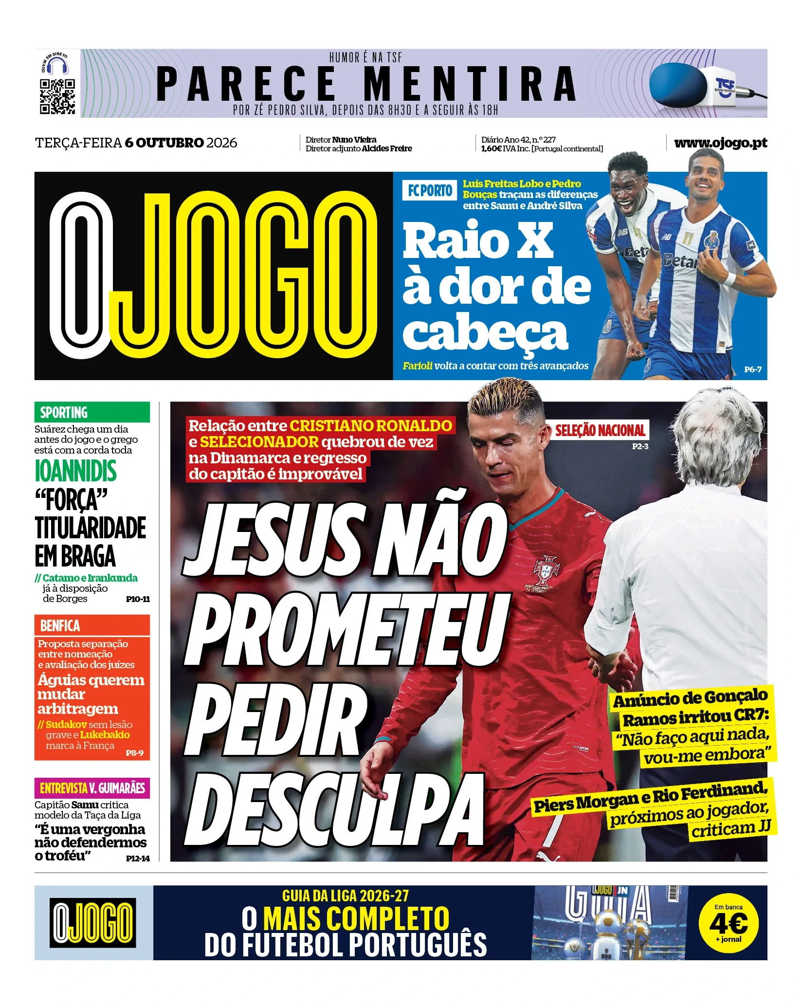 Capa do O Jogo de terça-feira, 6 de outubro de 2026