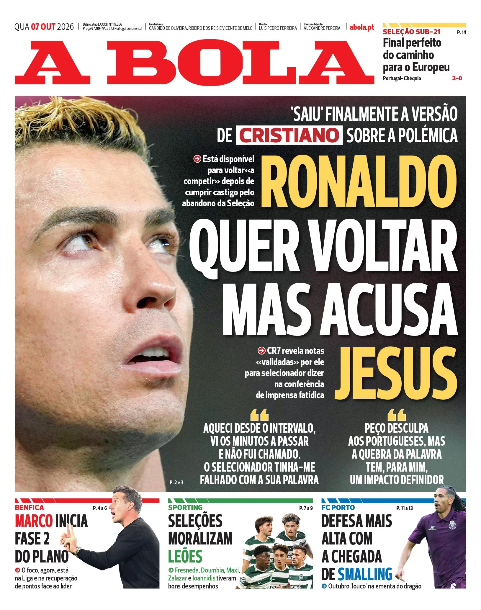 Capa do A Bola de quarta-feira, 7 de outubro de 2026
