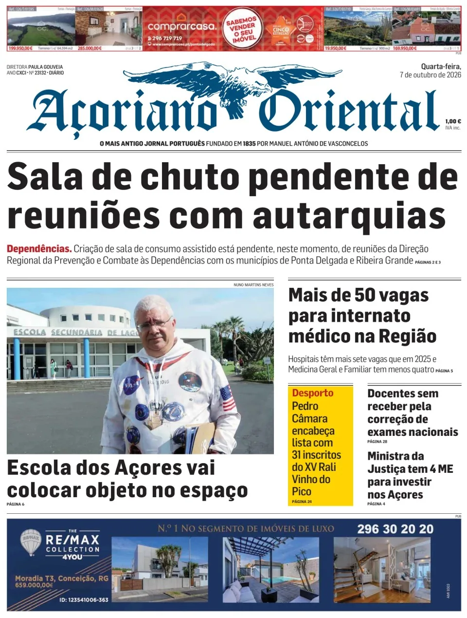Capa do Açoriano Oriental de quarta-feira, 7 de outubro de 2026