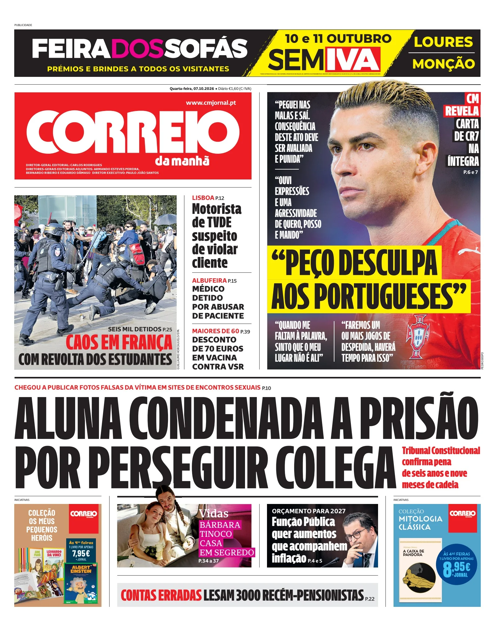 Capa do Correio da Manhã de quarta-feira, 7 de outubro de 2026