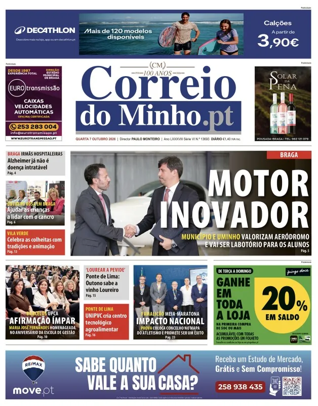 Capa do Correio do Minho de quarta-feira, 7 de outubro de 2026