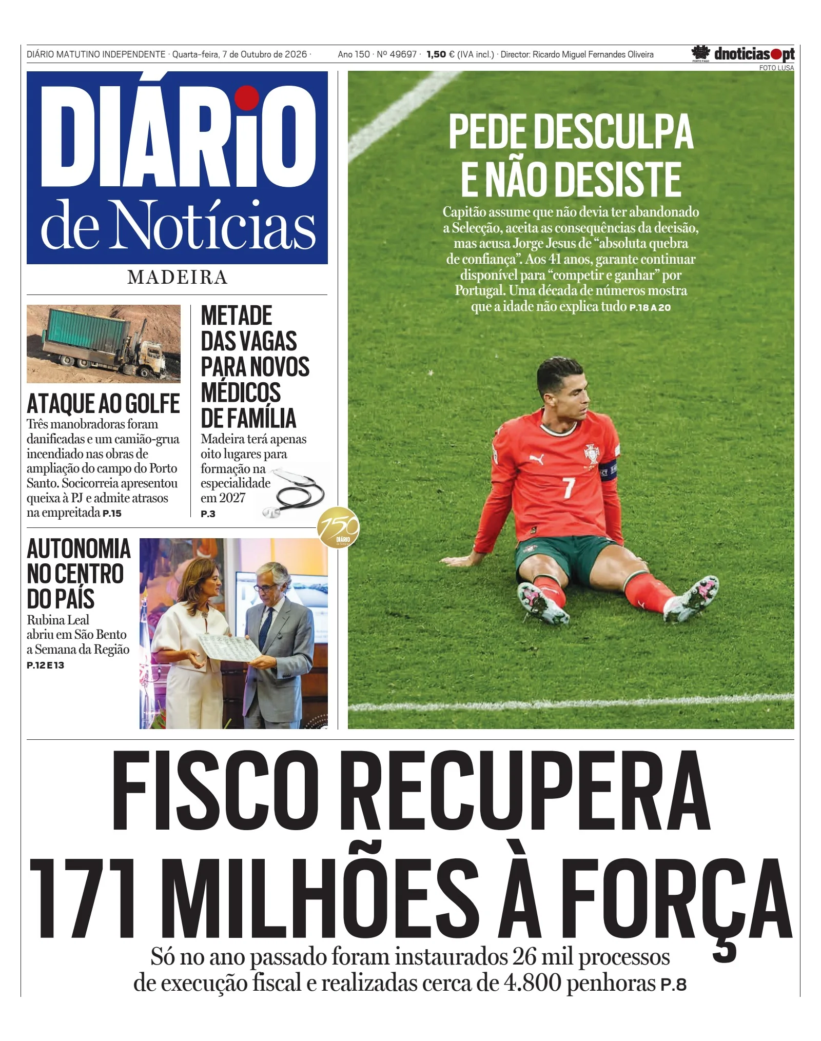 Capa do Diário de Notícias da Madeira de quarta-feira, 7 de outubro de 2026