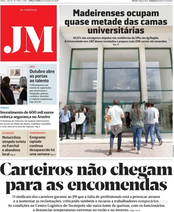 Capa do Jornal da Madeira de quarta-feira, 7 de outubro de 2026