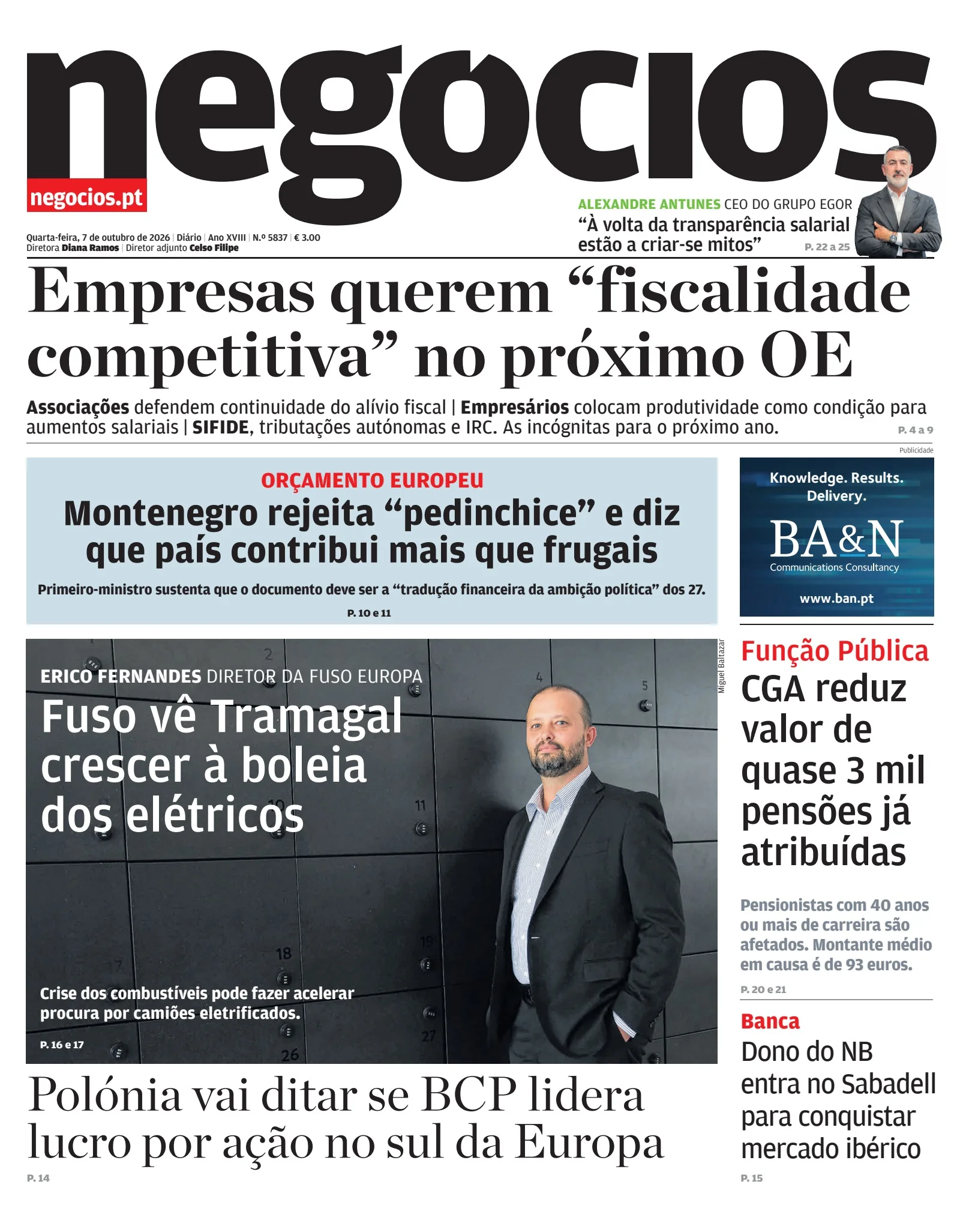 Capa do Jornal de Negócios de quarta-feira, 7 de outubro de 2026