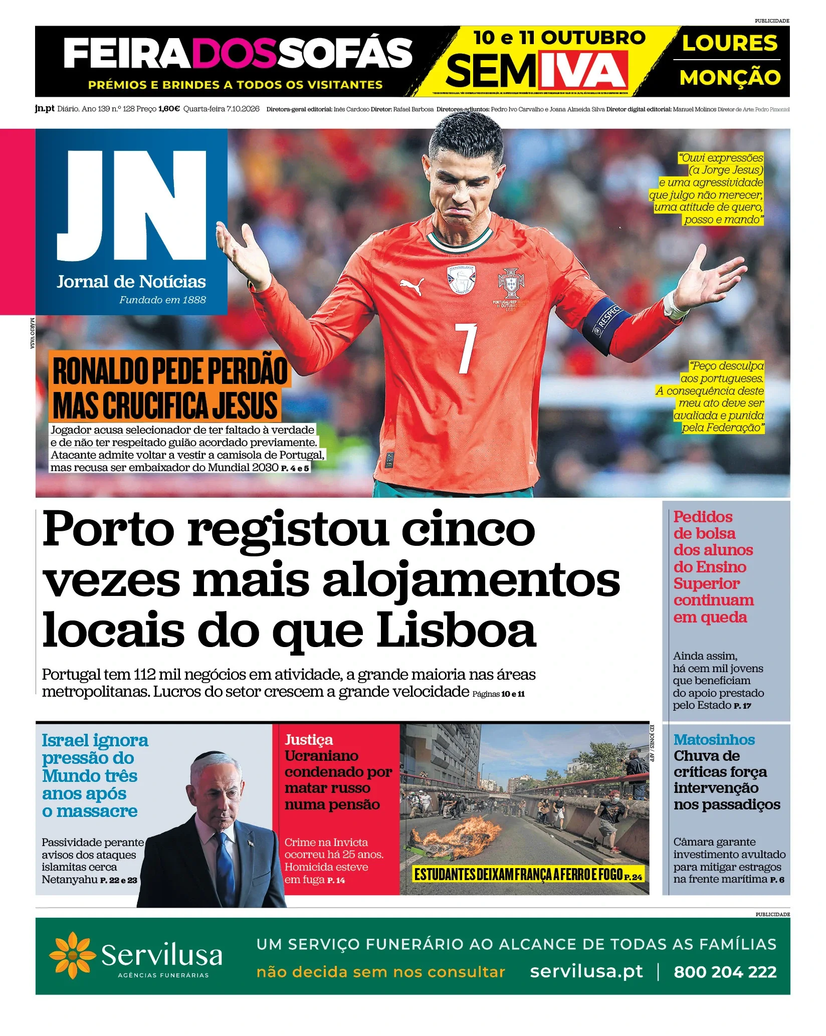 Capa do Jornal de Notícias de quarta-feira, 7 de outubro de 2026