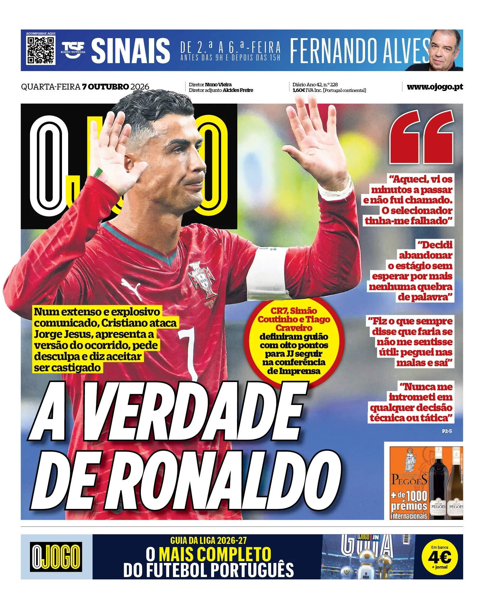 Capa do O Jogo de quarta-feira, 7 de outubro de 2026