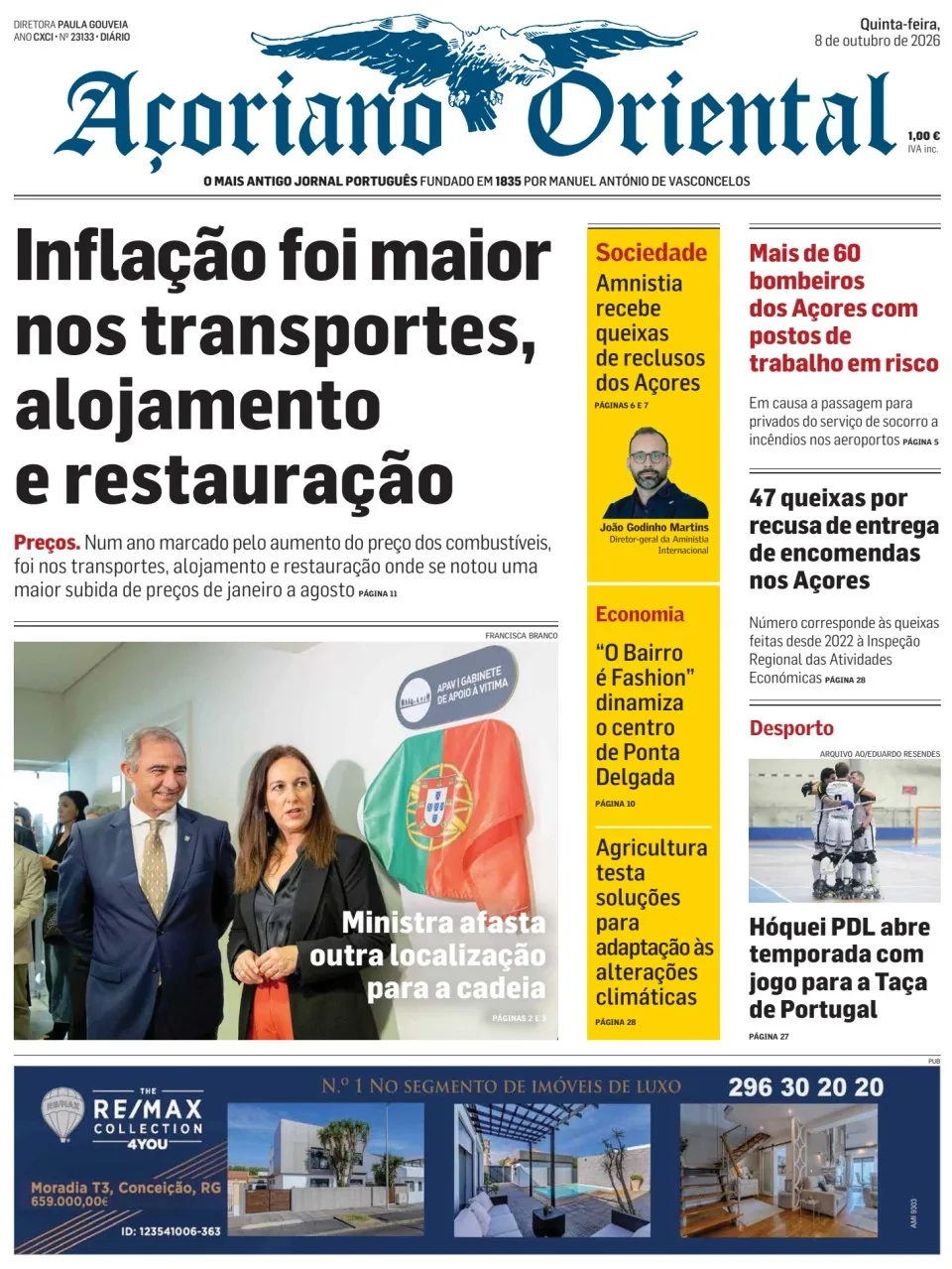 Capa do Açoriano Oriental de quinta-feira, 8 de outubro de 2026