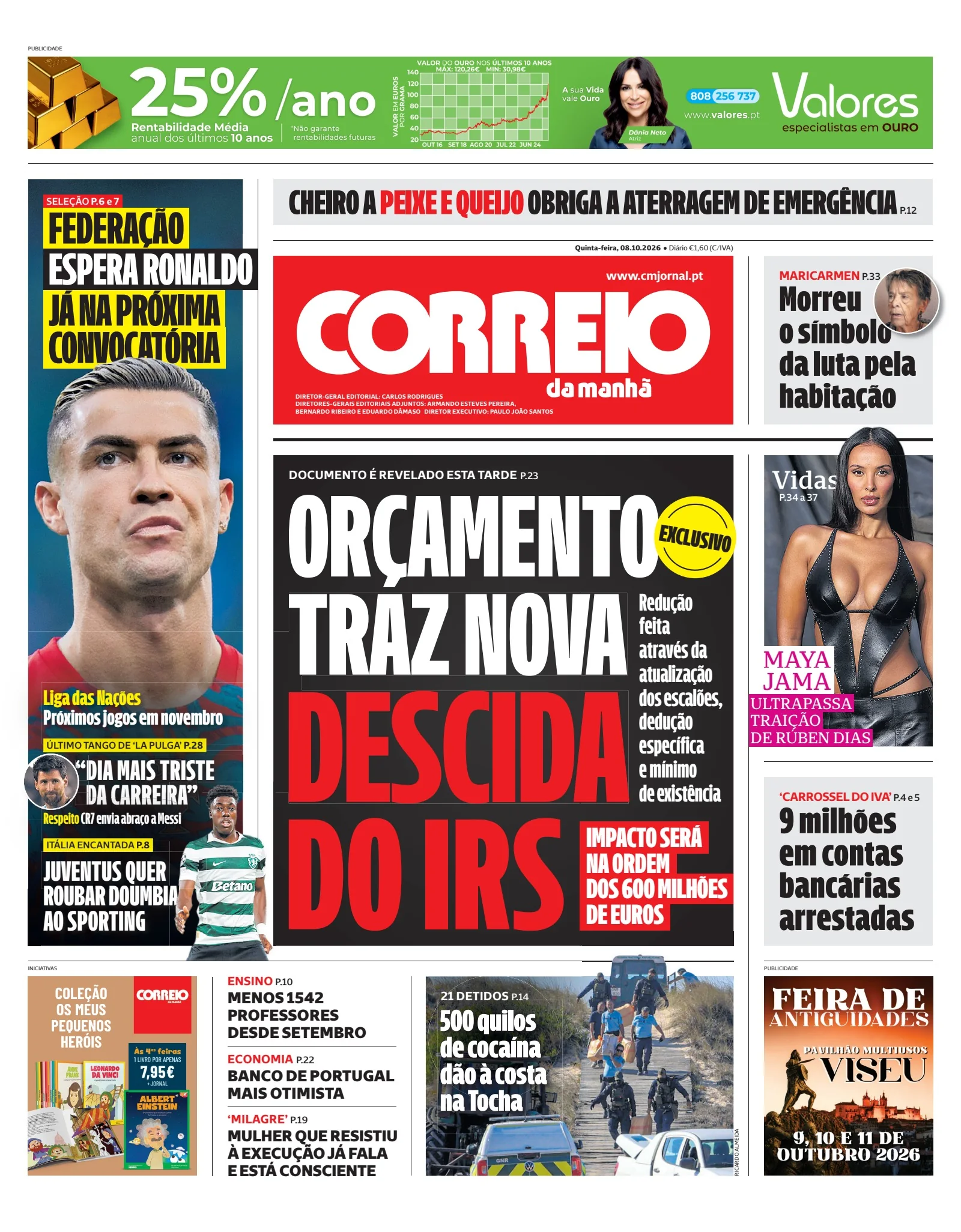 Capa do Correio da Manhã de quinta-feira, 8 de outubro de 2026
