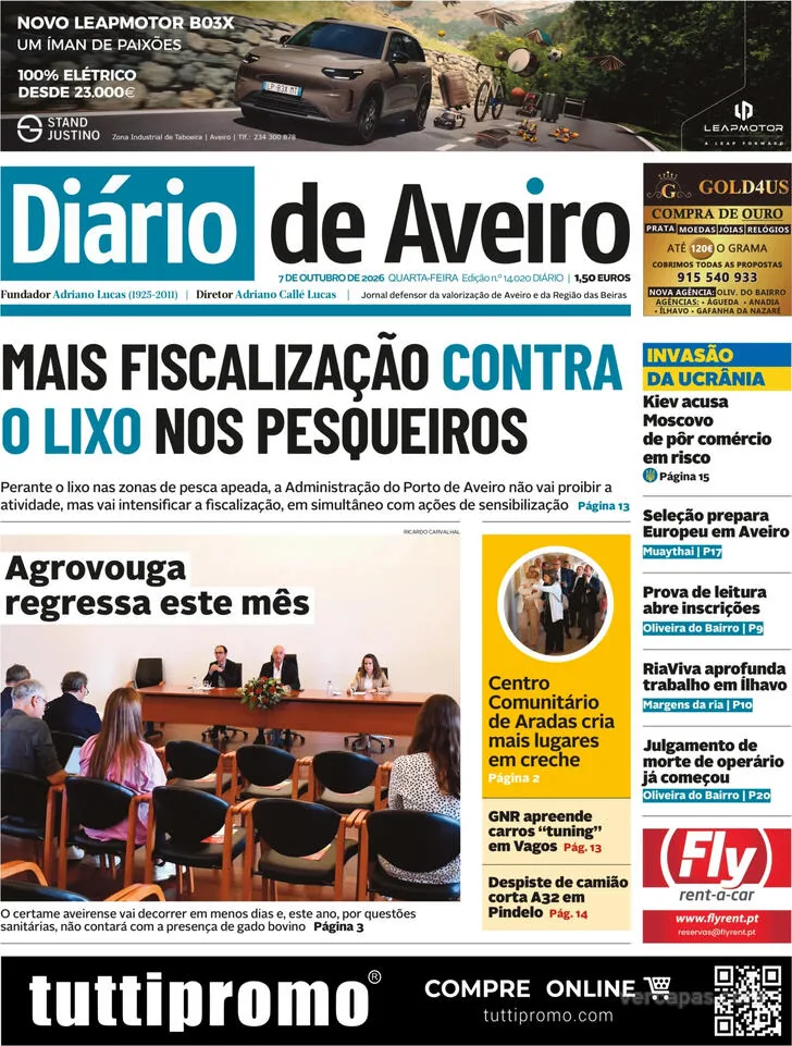 Capa do Diário de Aveiro de quinta-feira, 8 de outubro de 2026