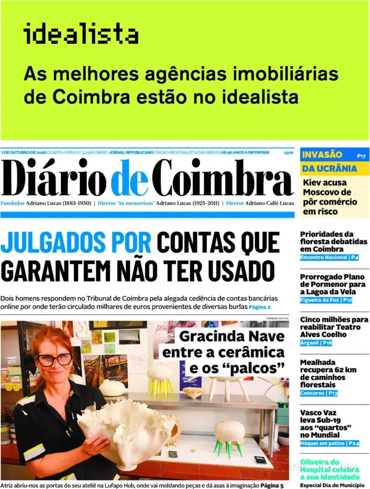 Capa do Diário de Coimbra de quinta-feira, 8 de outubro de 2026