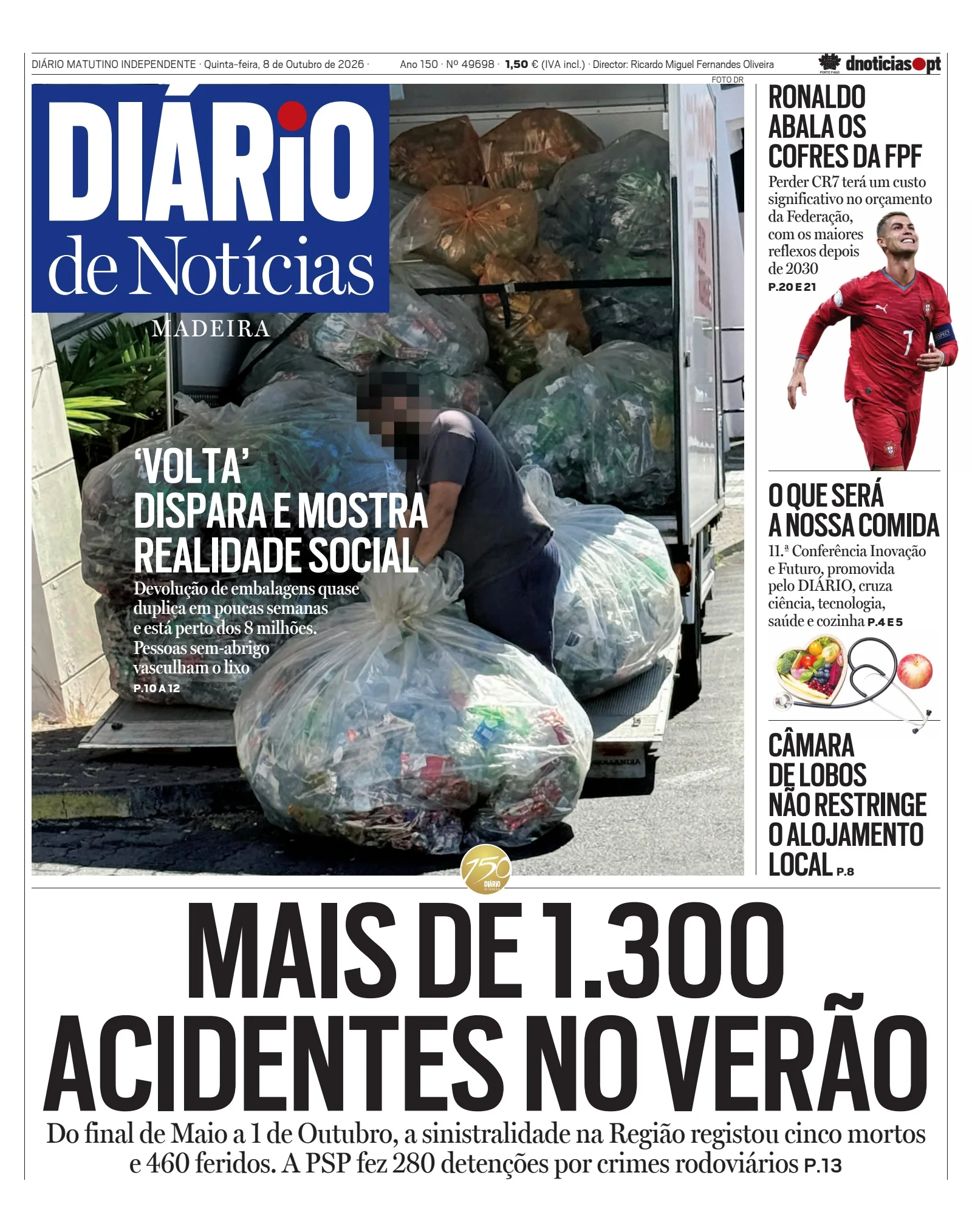 Capa do Diário de Notícias da Madeira de quinta-feira, 8 de outubro de 2026