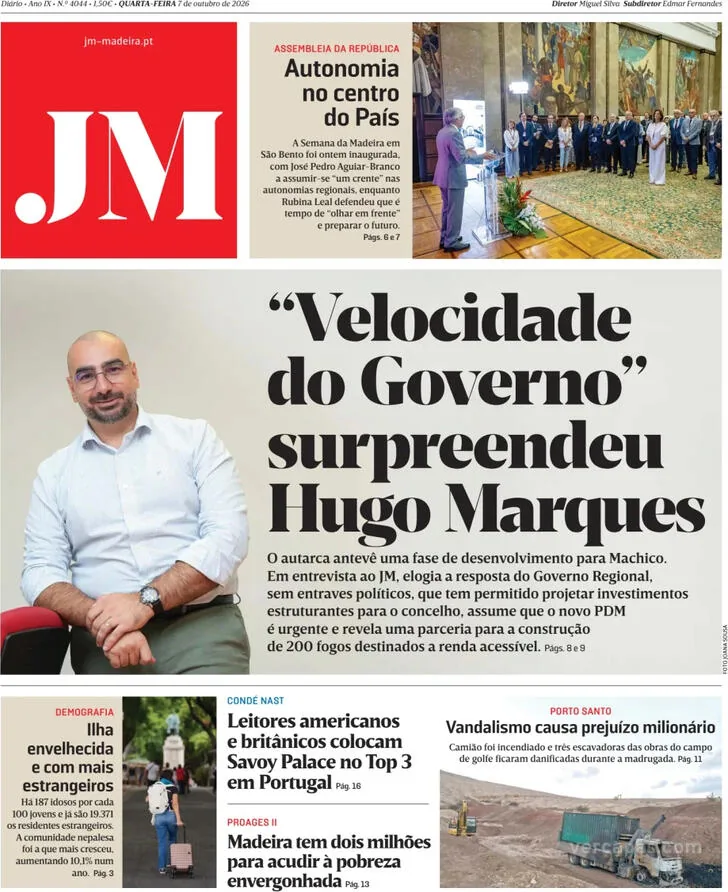Capa do Jornal da Madeira de quinta-feira, 8 de outubro de 2026